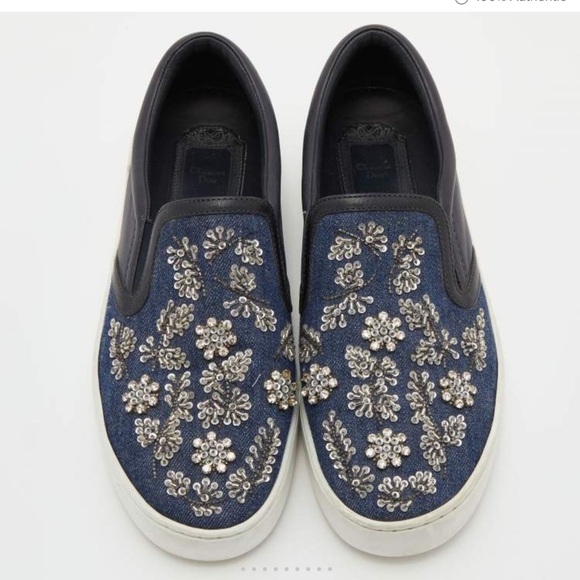 Dior Blue/Black Denim and Leather Happy Crystals Slip On Sneakers 36 1/2 - Picture 1 of 12